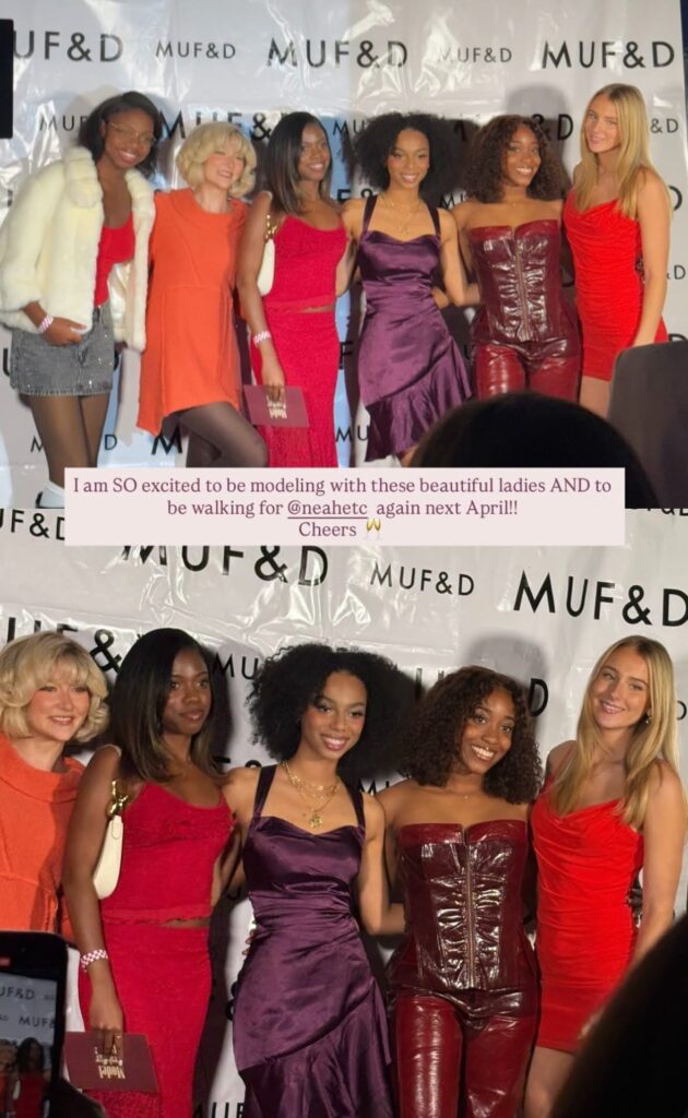 Group of diverse women in red and purple dresses posing together on a fashion event backdrop with MUF&D logos.