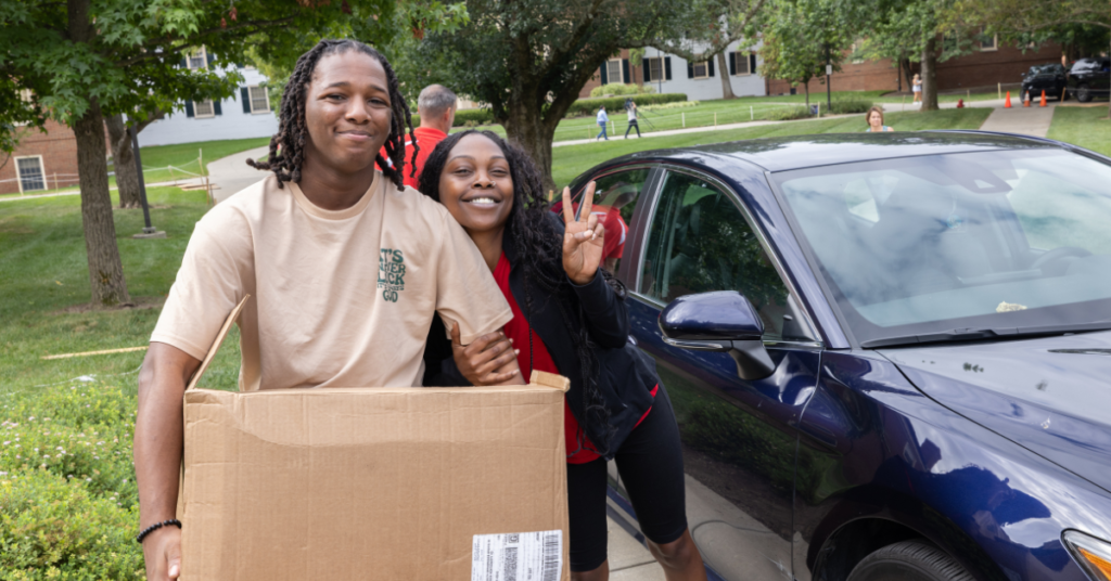 Mom and son moving into Miami University.