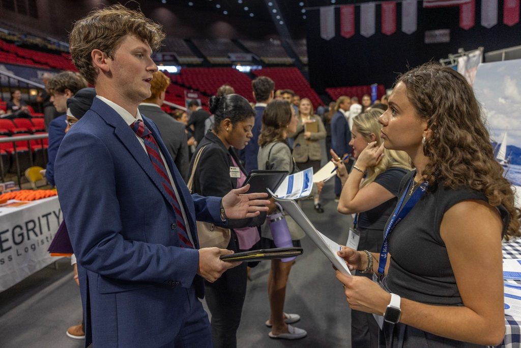 Miami University student introducing themself to a potential employer.